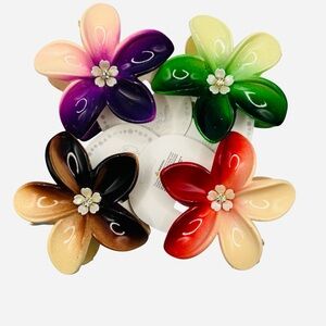 Vibrant Floral Hair Clips Set - Red, Purple, Green, Brown
